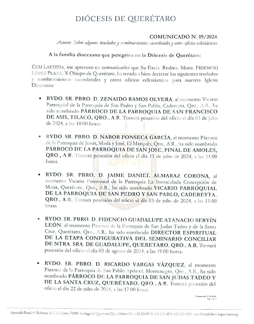 Comunicado N. 19/2024. Asunto: Sobre algunos traslados y nombramientos sacerdotales y otros oficios eclesiásticos.